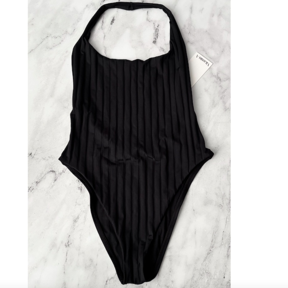 Vitamin A Black Ribbed High-Cut Halter One-Piece Swimsuit